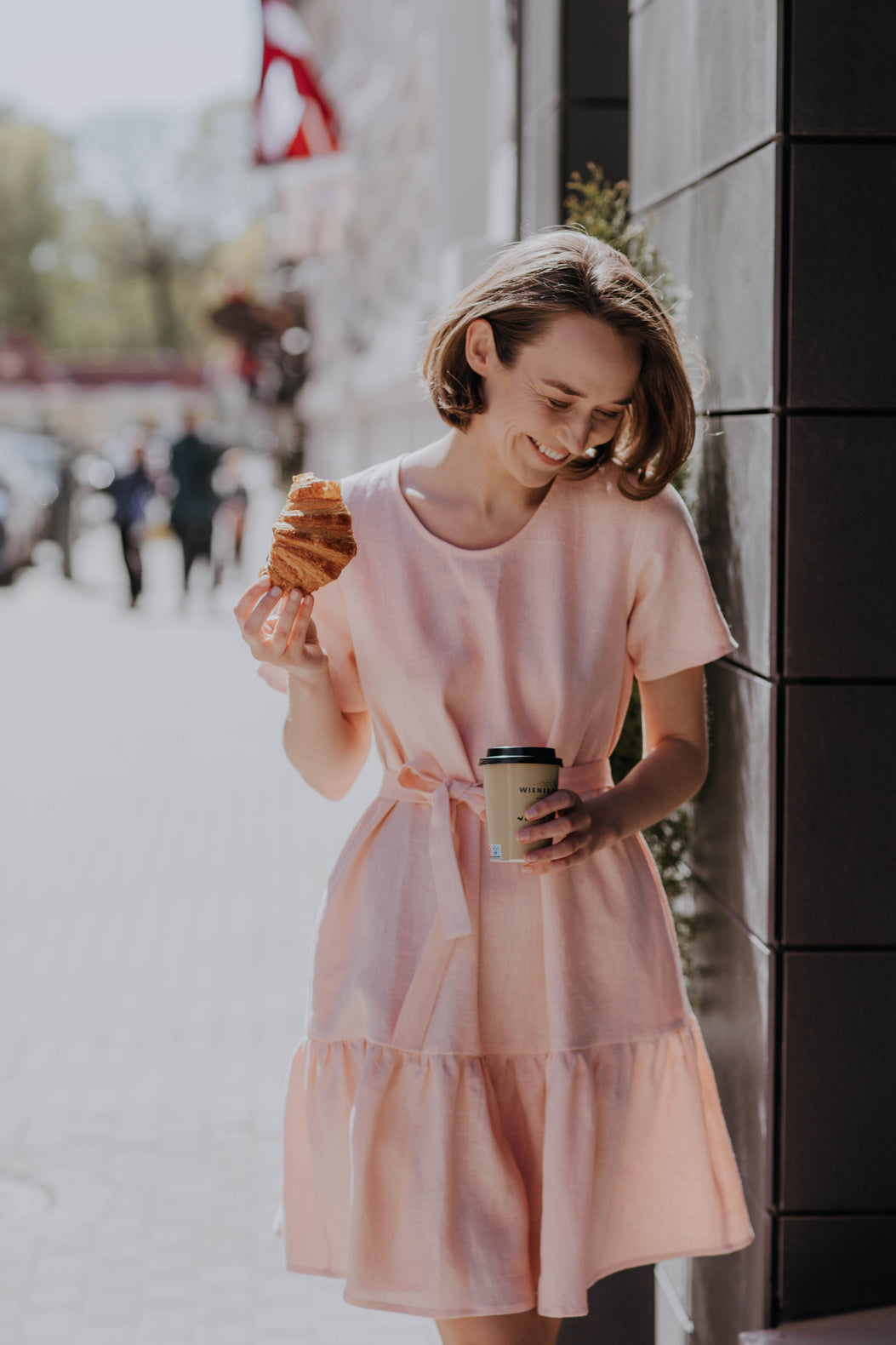 Linen mini dress with ruffle