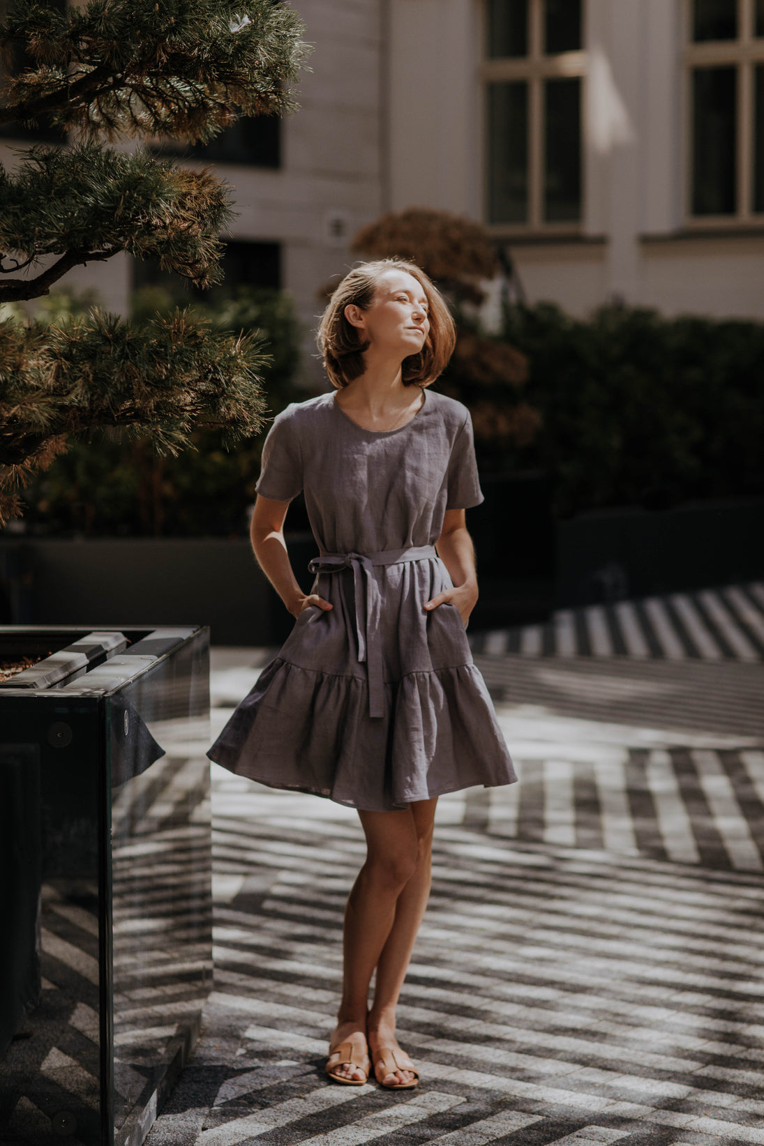 Linen mini dress with ruffle