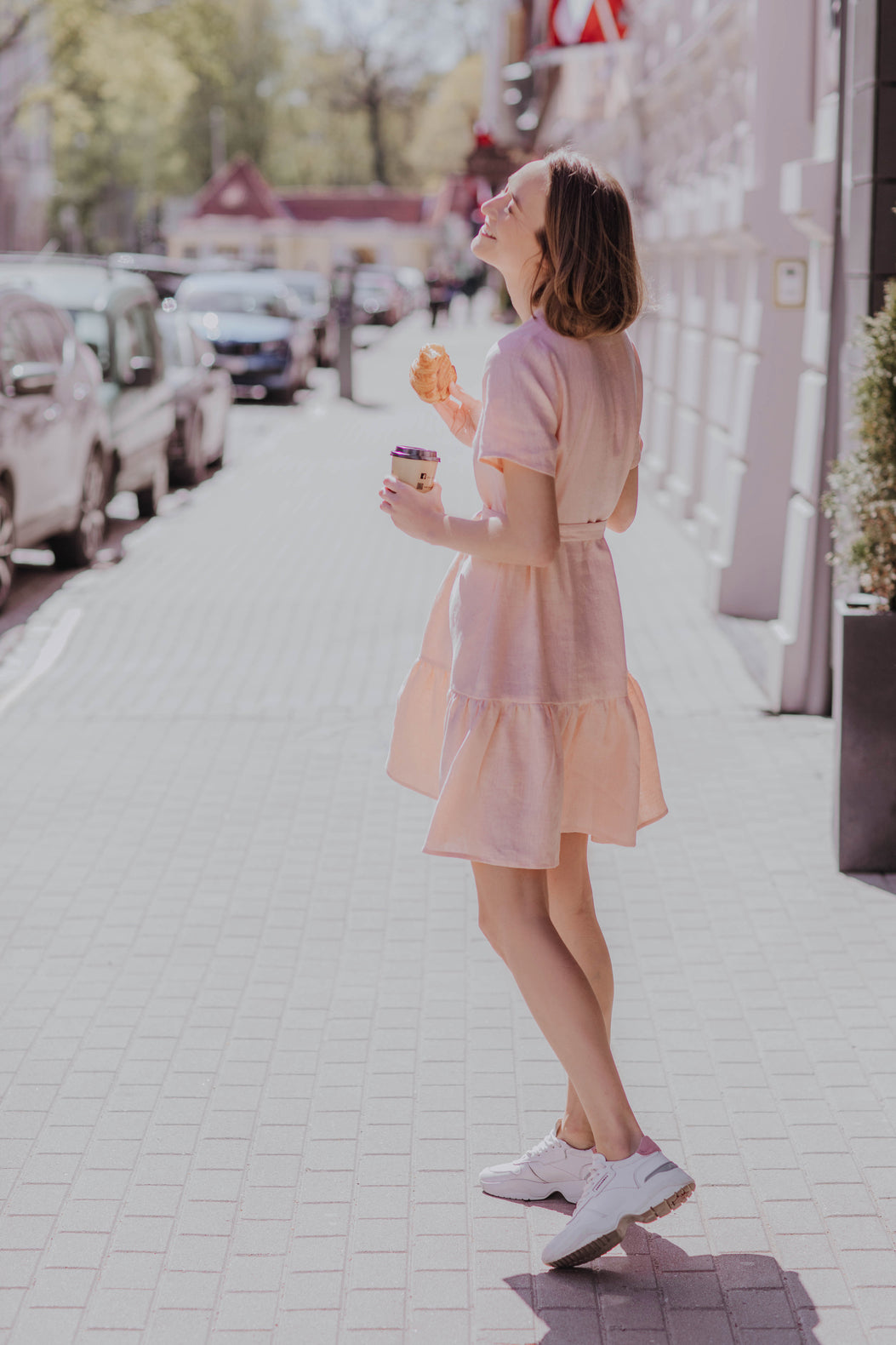 Linen mini dress with ruffle