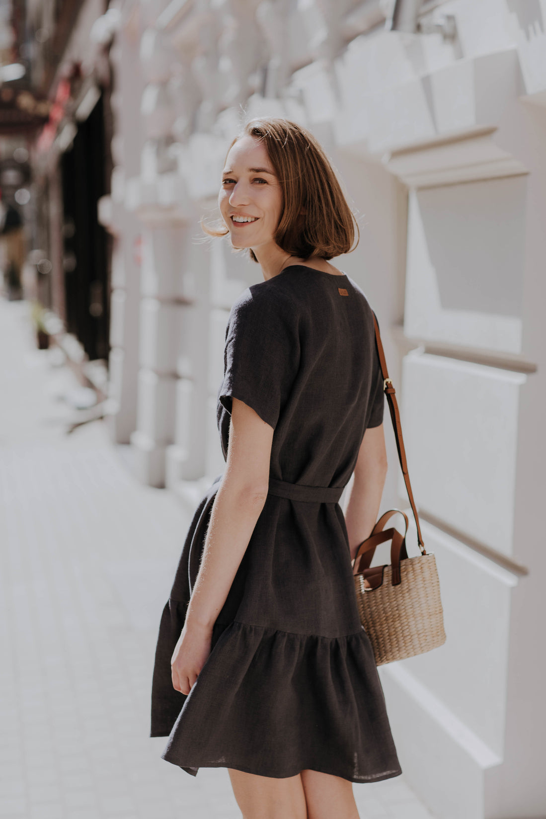 Linen mini dress with ruffle
