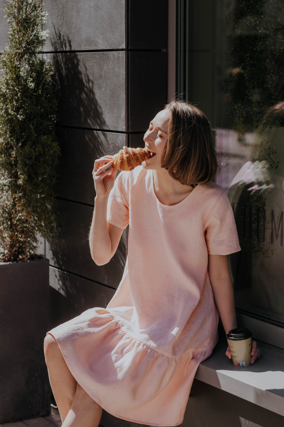 Linen mini dress with ruffle