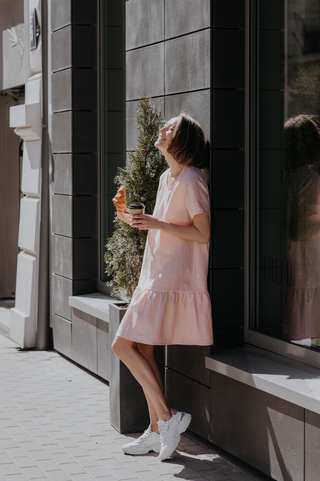 Linen mini dress with ruffle